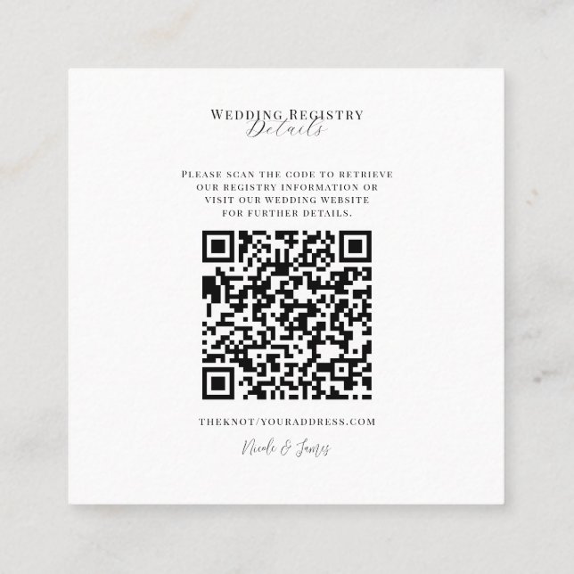 White Modern Minimal Wedding Registry QR Code Quadratische Visitenkarte (Rückseite)