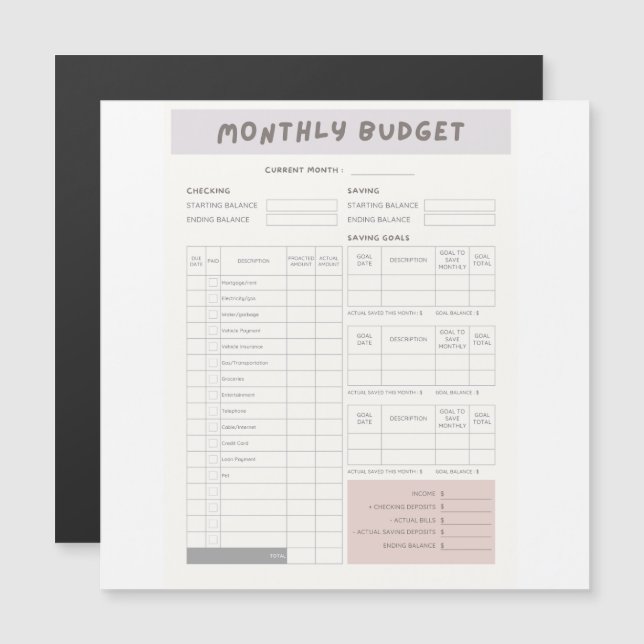 White Modern Minimalistisch Monthly Budget Planer Magnetkarte (Vorne/Hinten)