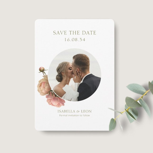 White | Modern Olive Green Rose Save the Date Einladung (Von Creator hochgeladen)