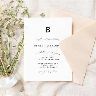 White Modern Script Monogram Wedding Einladung
