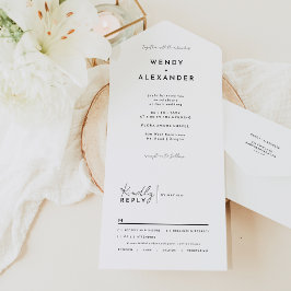 White Modern Script Wedding All In One Einladung