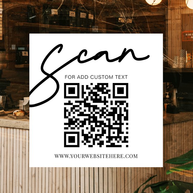 White Modern Simple Promotional Business QR Code Fensteraufkleber (Simple and modern scan here business QR code window cling in white and black)