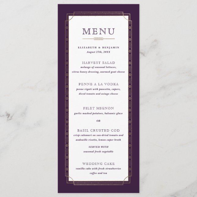 White Modern Vintag Pflaume Lila Goldfolie Hochzei Menükarte (Vorderseite)