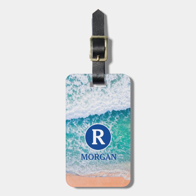 White Monogram & Blue Name, Beach Waves, Info Vs 3 Gepäckanhänger (Vorderseite vertikal)