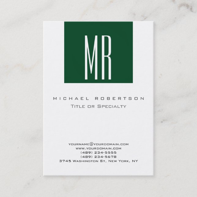 White Monogram Forest Green Chubby Business Card Visitenkarte (Vorderseite)