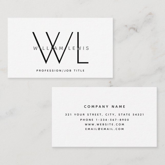 White Monogram Modern Minimalistisch Visitenkarte (Vorne/Hinten)