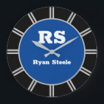 White Monogram & Name Lt. Grey Lines Deep Blue/Blk Große Wanduhr<br><div class="desc">Personalize bold white monogram and name with light grey radiating lines on deep blue and black background.</div>