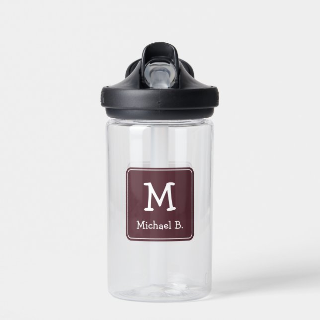 White Monogram und Name on Dusty Burgundy Trinkflasche (Vorne)