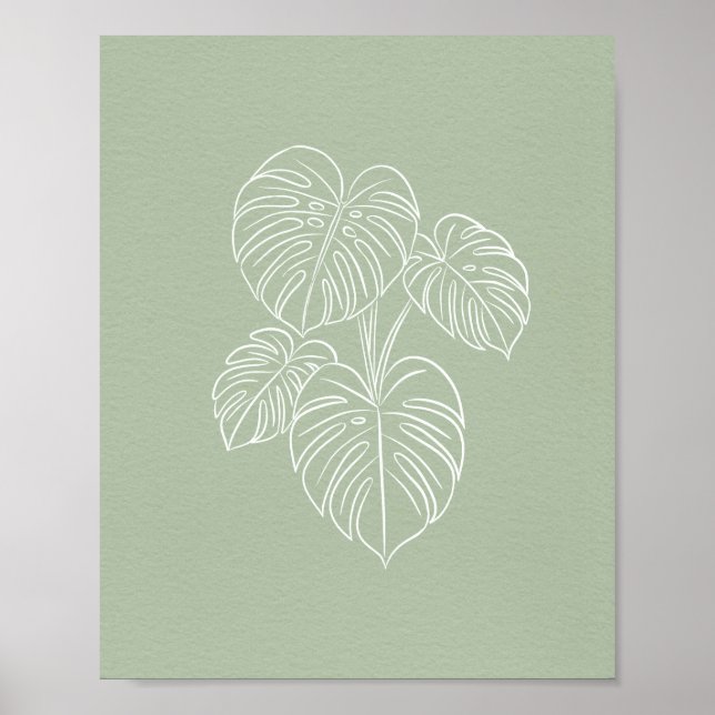 White Monstera Leaf Line Art on Sage Green  Poster (Vorne)