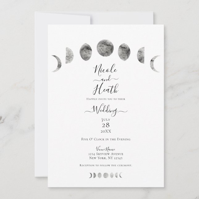 White Moon Phases Watercolor Minimal Wedding Einladung (Vorderseite)