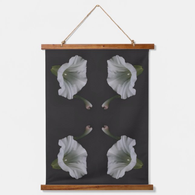 White Morning Glory Flower Close Up Abstract Wandteppich Mit Holzrahmen (Vorderseite)