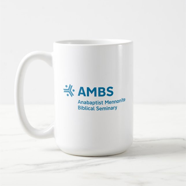White mug with blue AMBS logo Kaffeetasse (Links)