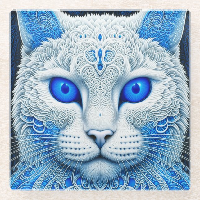 White Mystical Cat Ethereal AI Art Glasuntersetzer (Vorderseite)