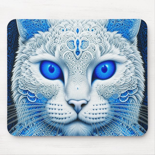 White Mystical Cat Ethereal AI Art Mousepad (Vorne)