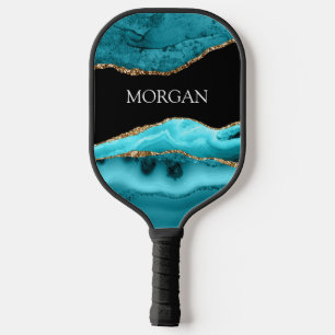 White Name, Black, Gold & Teal Agate Pickleball Schläger