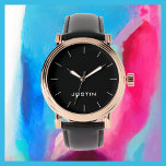 White Name Classy Rose Gold Men's Black Band Handr Armbanduhr<br><div class="desc">Diese elegante Rose goldfarbene Glam Herren Handgelenke ist mit einem schwarzen Hintergrund, schwarzen Band und personalisiert mit Ihrem Namen dekoriert. Sie können den Namen leicht ändern und die weißen Markierungen löschen, wenn Sie es wünschen. Was für ein wunderbares Geschenk für einen Trauzeuge, Trauzeuge, Usher, Abschluss, Vatertag, Geburtstag oder jeden anderen...</div>