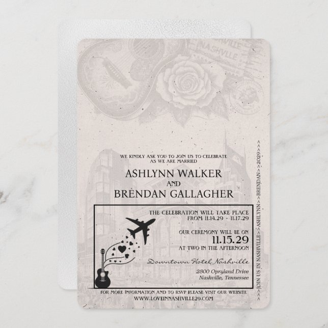 White Nashville Passport Wedding Einladung (Vorne/Hinten)
