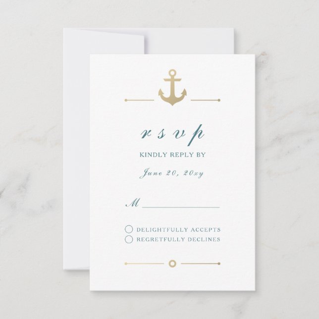 White Nautic Gold Anchor Response RSVP Card (Vorderseite)