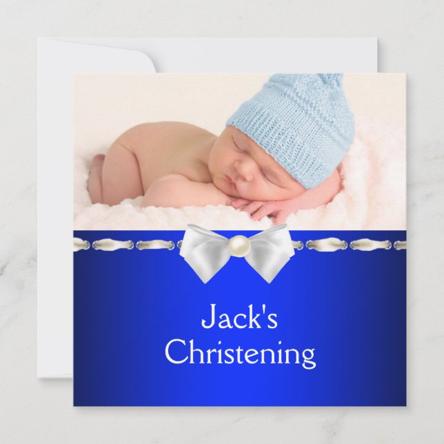 White Navy Blue Baby Boy Foto Christening Einladung (Vorderseite)
