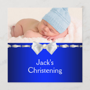 White Navy Blue Baby Boy Foto Christening Einladung