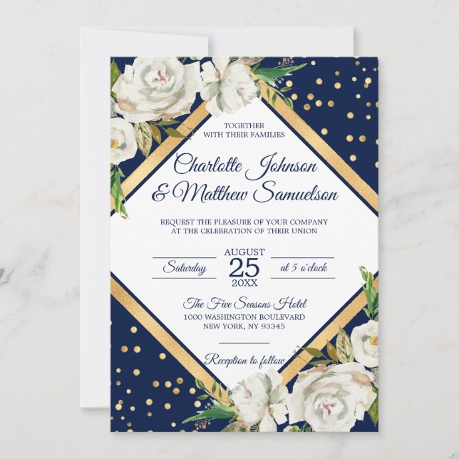 White Navy Blue Gold Floral Wedding Einladung