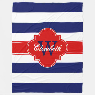 White Navy Blue Red LG Stripes Quatrefolie 3INQR Fleecedecke