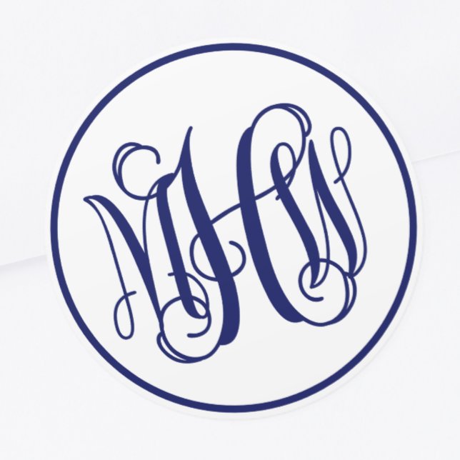 White Navy Blue Vine Script Monogram, DIY BG Runder Aufkleber (Von Creator hochgeladen)