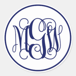 White Navy Blue Vine Script Monogram, DIY BG Runder Aufkleber
