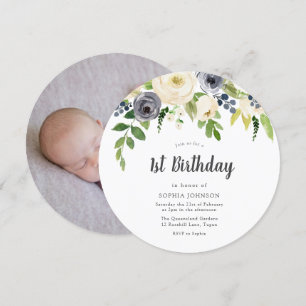 White & Navy Blume Baby Foto 1. Geburtstag Party Einladung