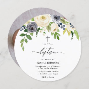 White & Navy Blume Baby Foto Taufe Einladung