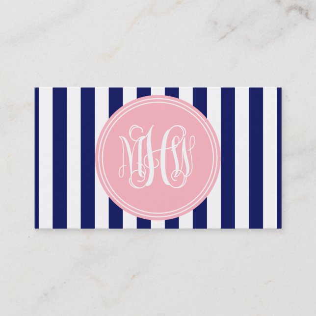 White Navy Vert Strip 6x Pnk Vine Monogram DIY BG Visitenkarte (Vorderseite)