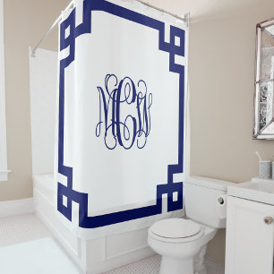 White Navy Vine Script Monogram Greek Key DIY BG Duschvorhang