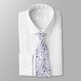 White neck tie with elegant blue floral pattern  krawatte