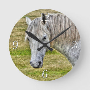 White New Forest Pony Wild Horse Runde Wanduhr