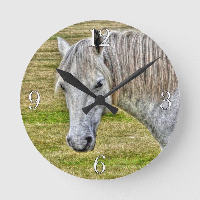 White New Forest Pony Wild Horse Runde Wanduhr (Vorderseite)