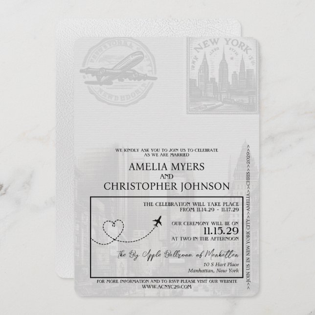 White New York City Passport Wedding Einladung (Vorne/Hinten)