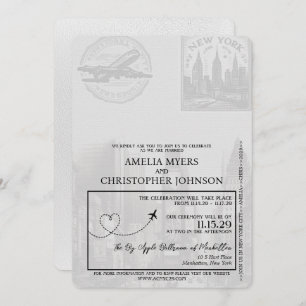 White New York City Passport Wedding Einladung