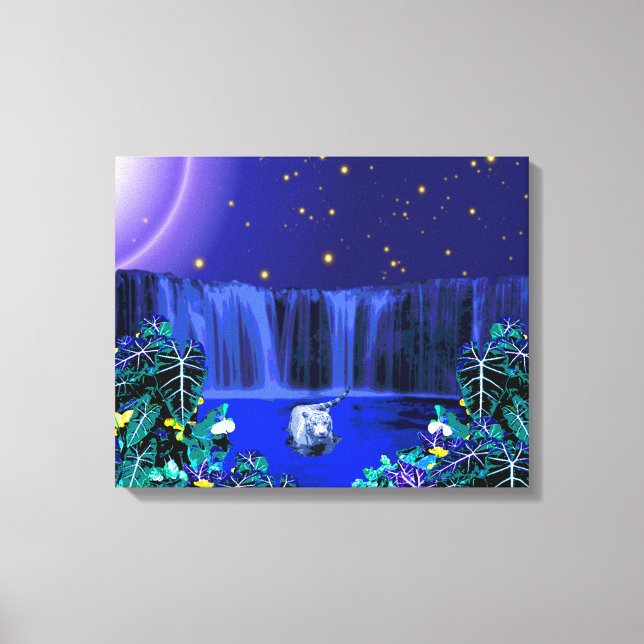 White Night Tiger Tropical Waterfall Canvas Print Leinwanddruck (Vorderseite)