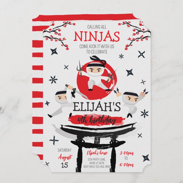 White Ninja Warrior Martial Arts Geburtstag Einladung (Vorne/Hinten)