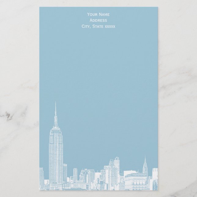White NYC Skyline Etch 01 Stationery Lt Blue BG Briefpapier (Vorderseite)