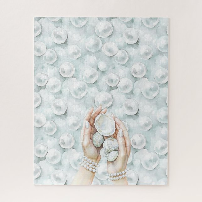 White Ocean Seafoam Blue Shells Pearls Puzzle (Vertikal)