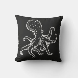 White Octopus on Black Nautical Kissen
