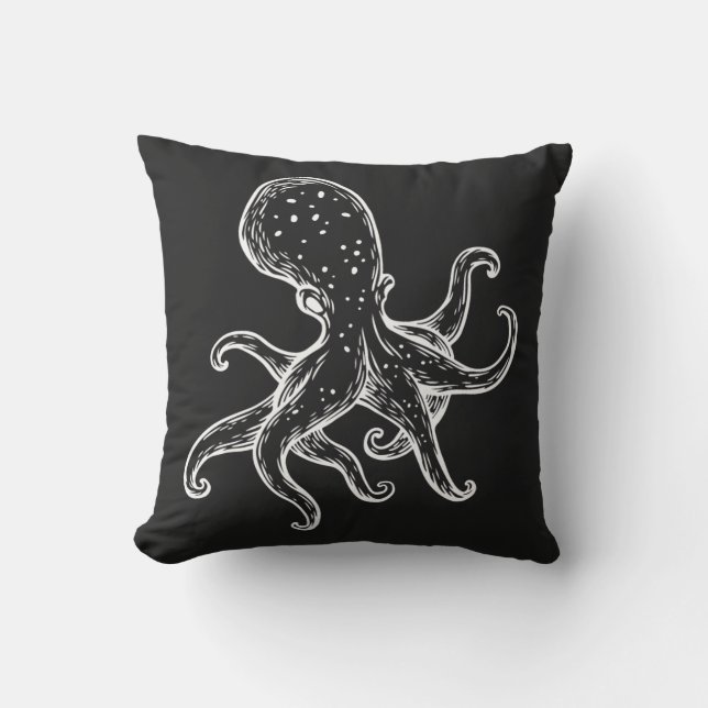 White Octopus on Black Nautical Kissen (Vorderseite)