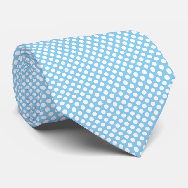 White on Baby Blue Medium Size Polka Dots Krawatte (Gerollt)