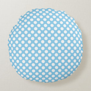 White on Baby Blue Medium Size Polka Dots Rundes Kissen