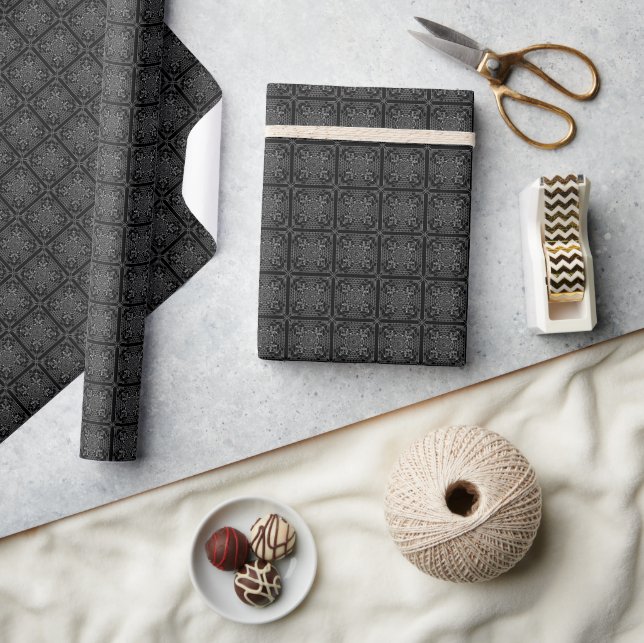 White on Black Crochet Chart Wrapping Paper Geschenkpapier (Kunsthandwerk)