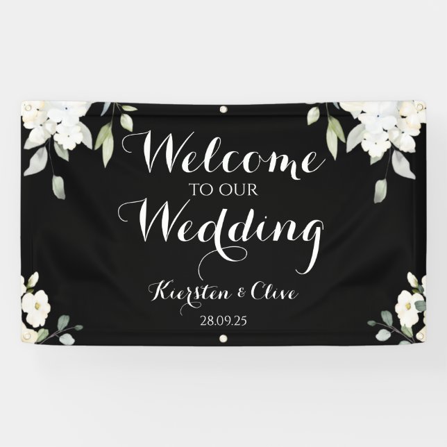White on Black Floral Willkommen bei unserer Hochz Banner (Horizontal)