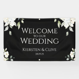 White on Black Floral Willkommen in unserem Hochze Banner