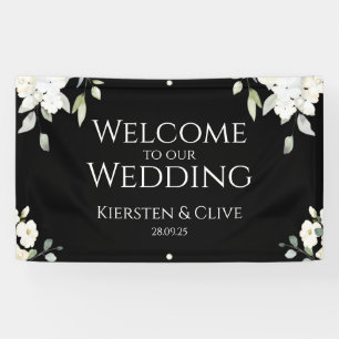 White on Black Floral Willkommen in unserem Hochze Banner