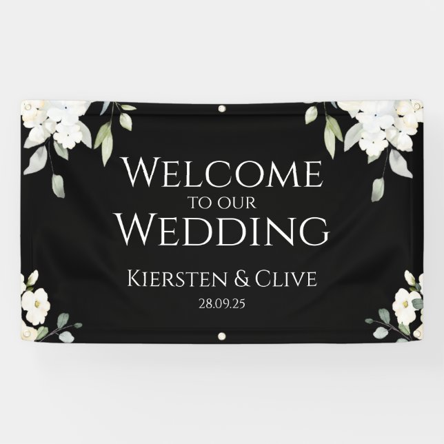 White on Black Floral Willkommen in unserem Hochze Banner (Horizontal)